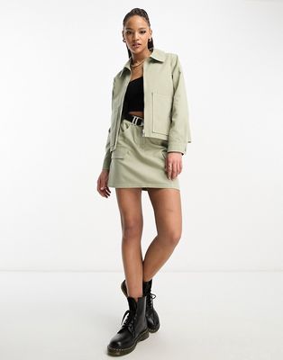 Miss Selfridge cargo utility pleated mini skirt contrast stiching and buckle belt in khaki - part of a set-Green