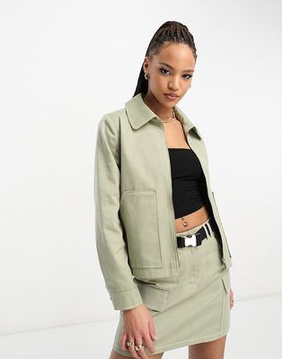 Miss Selfridge cargo utility zip front boxy jacket contrast stitching in khaki - part of a set-Green