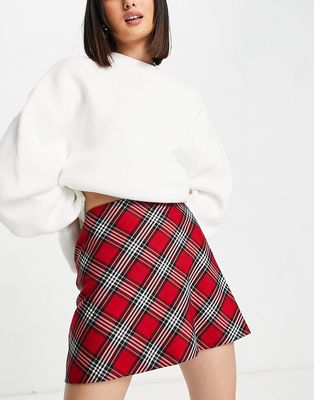 Miss Selfridge check bias mini skirt in red