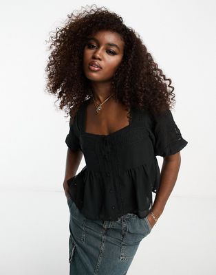 Miss Selfridge chiffon lace insert blouse in black with embroidery