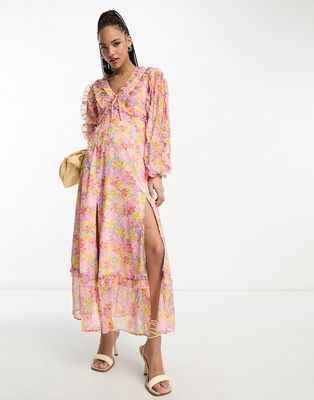 Miss Selfridge chiffon ruffle detail maxi dress in bright ditsy floral-Multi