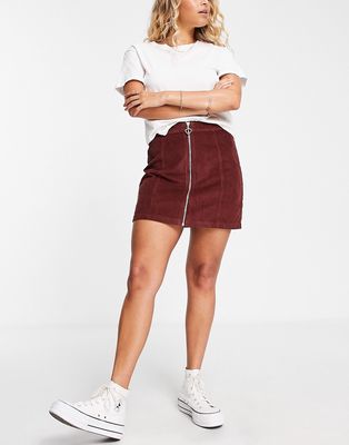 Miss Selfridge corduroy zip up mini skirt in chocolate-Brown