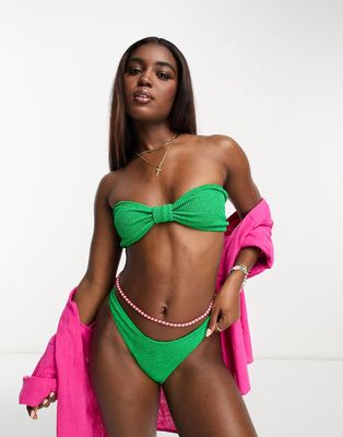 Miss Selfridge crinkle knot front bandeau bikini top in bright green