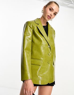 Miss Selfridge croc faux leather oversized blazer in olive-Green