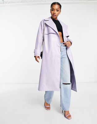 Miss Selfridge croc faux leather trench coat in lilac-Purple