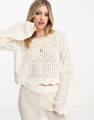 Miss Selfridge crochet long sleeve sweater in cream-White