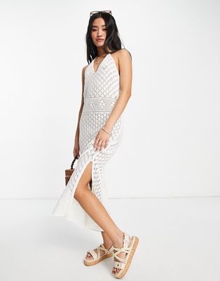 Miss Selfridge crochet maxi halter dress in ivory-White