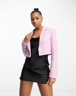 Miss Selfridge cropped boxy boucle blazer with pearl button detail in pink - part of a set-Purple