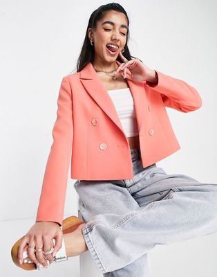 Miss Selfridge cropped double breasted blazer in coral-Orange
