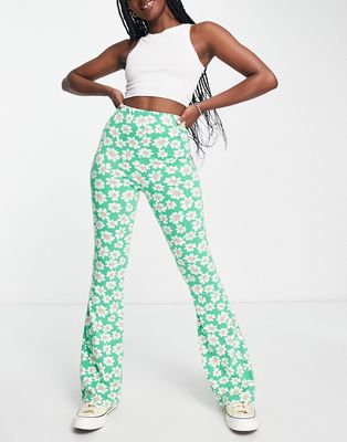 Miss Selfridge daisy print kickflare pants in green-Multi