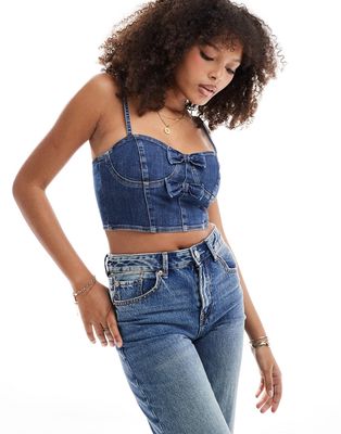 Miss Selfridge denim bow detail corset cami top in mid wash blue