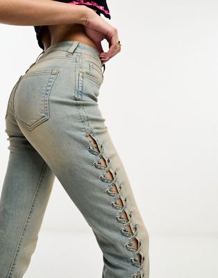 Miss Selfridge denim jeans with lace up side detail-Blue