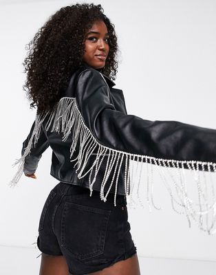 Miss Selfridge diamante fringe moto jacket in black