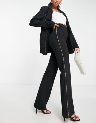 Miss Selfridge embellished flare high waist pants with side pearl trim detail in black - part of a set