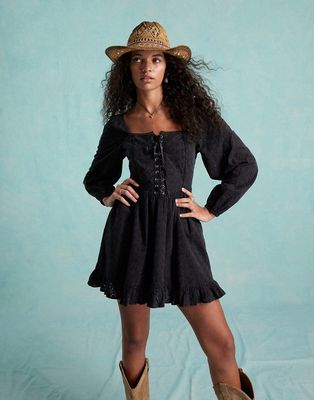 Miss Selfridge eyelet corset mini dress in black acid wash