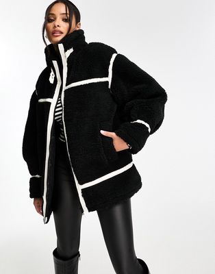Miss Selfridge faux fur aviator oversized coat in black