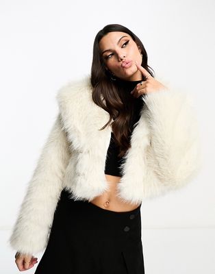 Miss Selfridge faux fur crop jacket in cream-White