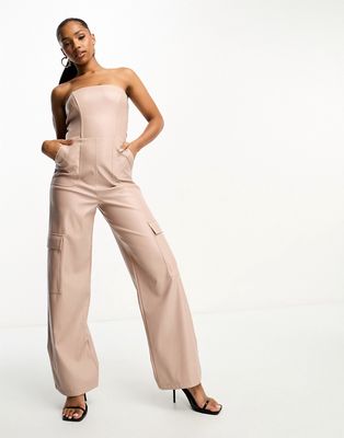 Miss Selfridge faux leather bandeau cargo wide leg jumpsuit in taupe-Brown