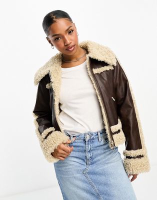 Miss Selfridge faux leather borg lined zip front trucker jacket in brown