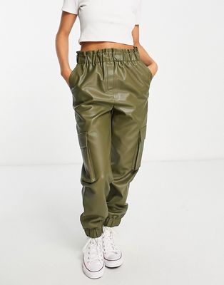 Miss Selfridge faux leather cargo pants in khaki-Green