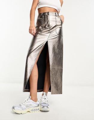 Miss Selfridge faux leather metallic maxi skirt in gunmetal silver