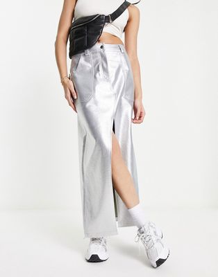 Miss Selfridge faux leather metallic maxi skirt in silver