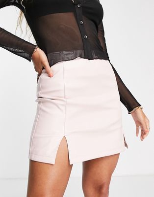 Miss Selfridge faux leather mini skirt with side slit in blush-Pink