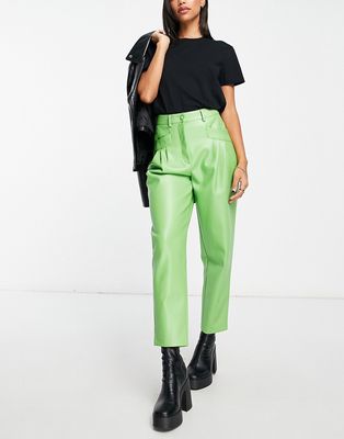Miss Selfridge faux leather pleated high waist peg pants in green-Black