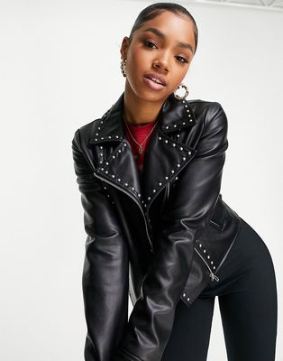 Miss Selfridge faux leather studded biker jacket in black