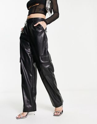 Miss Selfridge faux leather wide leg cargo pants in black
