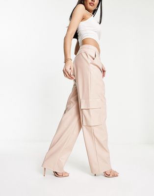 Miss Selfridge faux leather wide leg cargo pants in taupe-White