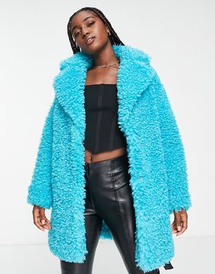 Miss Selfridge fluffy teddy faux leather wrap coat in bright blue