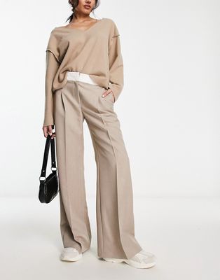 Miss Selfridge foldover waistband wide leg pants in taupe-Neutral
