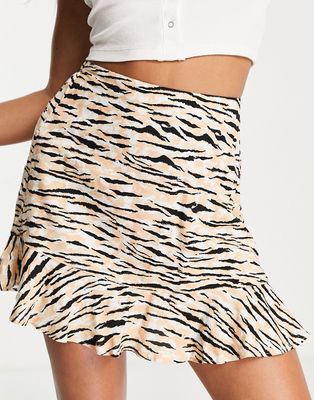 Miss Selfridge frill hem mini skirt in tiger print - TAN-Brown