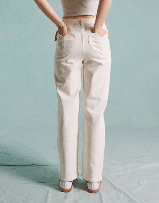 Miss Selfridge heart pocket straight leg jeans in ecru-White