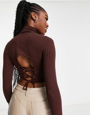 Miss Selfridge high neck rib top with lace back detail in brown
