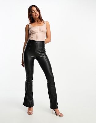 Miss Selfridge hook and eye faux leather bodysuit in taupe-Brown