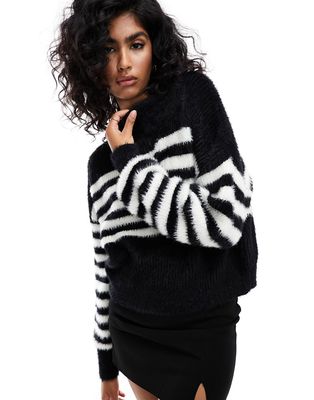 Miss Selfridge lash striped sweater in mono-Black