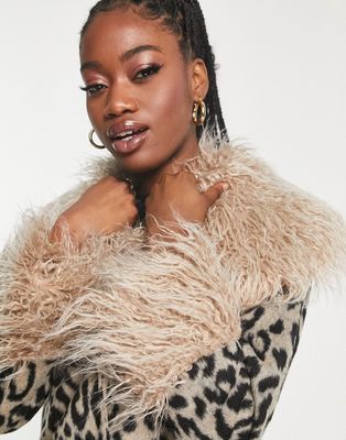Miss Selfridge leopard faux fur trim jacket-Multi