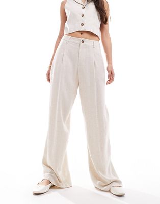 Miss Selfridge linen blend tailored wide leg pants in natural slub-Neutral