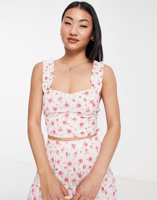 Miss Selfridge linen look frill strap cami top in pink ditsy-White