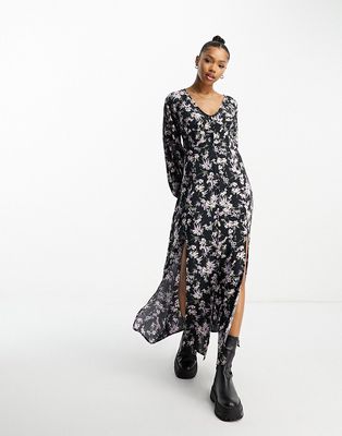 Miss Selfridge long sleeve button up maxi dress in trailing floral-Black