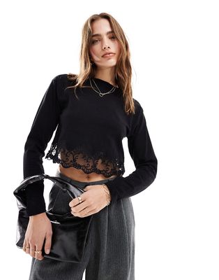 Miss Selfridge long sleeve lace hem detail top in black