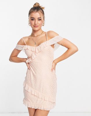 Miss Selfridge mesh ruffle mini dress in blush with silver spot-Pink