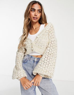 Miss Selfridge metallic open knit cardigan with pearl buttons in cream-White