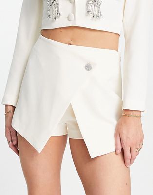 Miss Selfridge mini skort with diamante button in ivory - part of a set-White