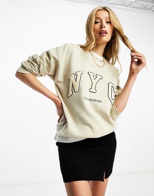 Miss Selfridge NYC terrycloth applique sweatshirt in beige-Neutral