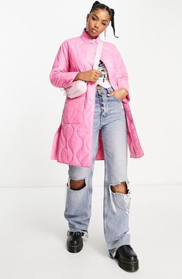 Miss Selfridge Onion Quilt Longline Coat in Bright Pink