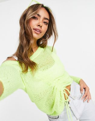 Miss Selfridge open knit ruched punk knit sweater in lime green