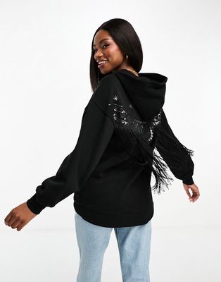 Miss Selfridge oversized embellished hoodie with fringe detail in black